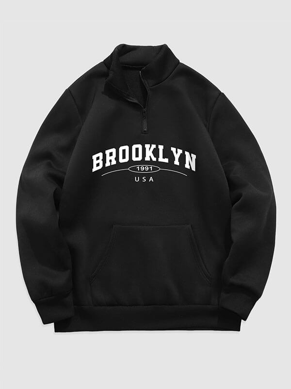 Men's "BROOKLYN" letter print quarter-zip stand collar sweatshirt