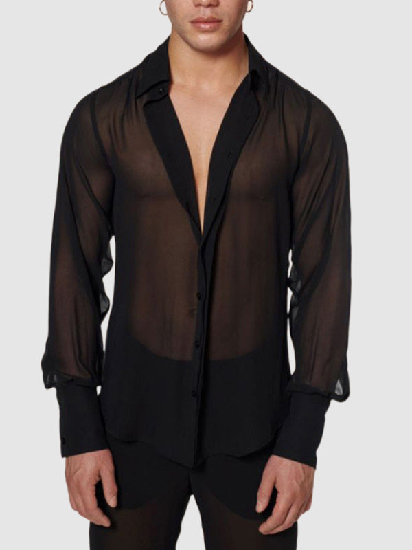 Men's black see-through loose casual short-sleeved shirt