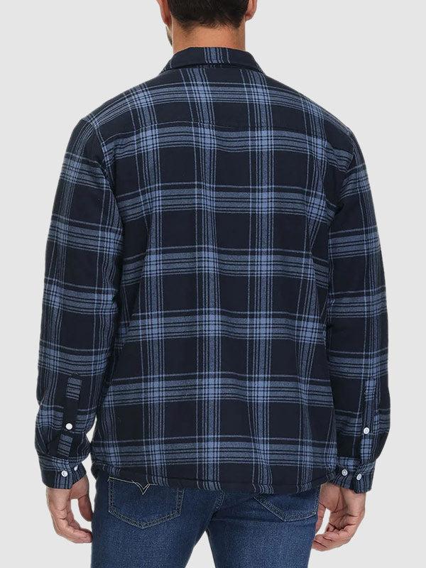 Men's Plaid Fleece-lined  Warm Double Pocket Button Jacket