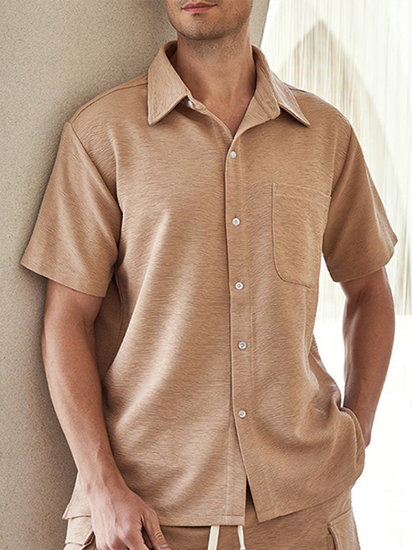 Men's Solid Color Textured Button-Down Short Sleeve Shirt