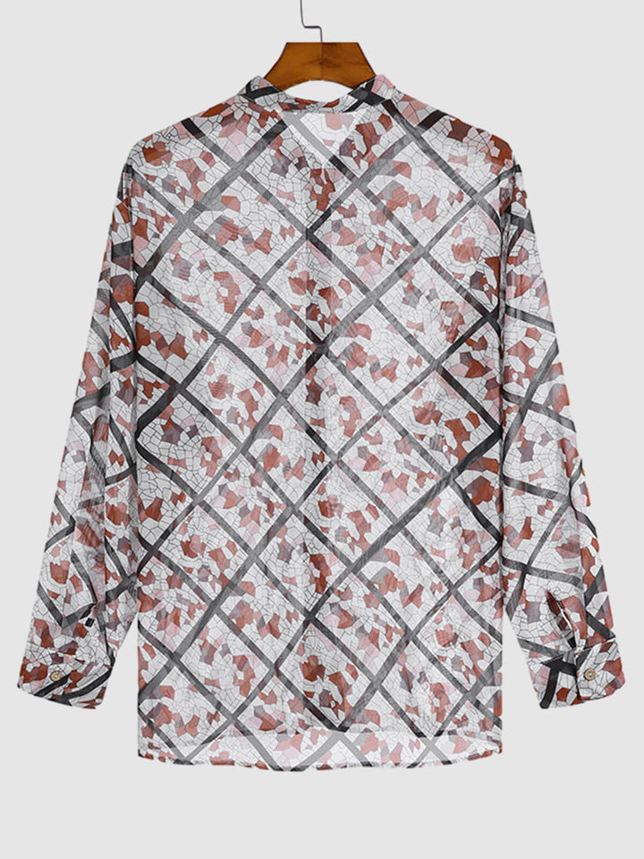 Men's  Sexy Sheer Plaid Colorful Print Long Sleeve Shirt