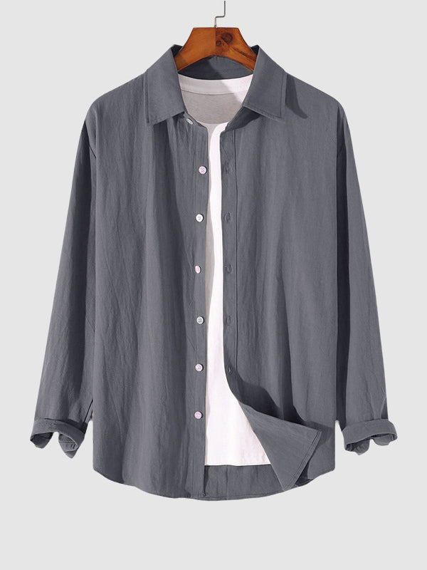 MEN'S COTTON AND LINEN TEXTURED LONG SLEEVES SHIRT GREY