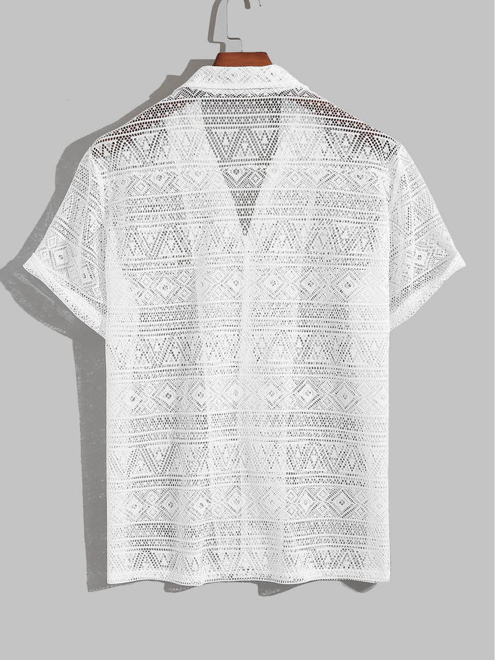 Men's Solid Color Vintage Hollow Cuban Collar crochet  Short Sleeve Shirt