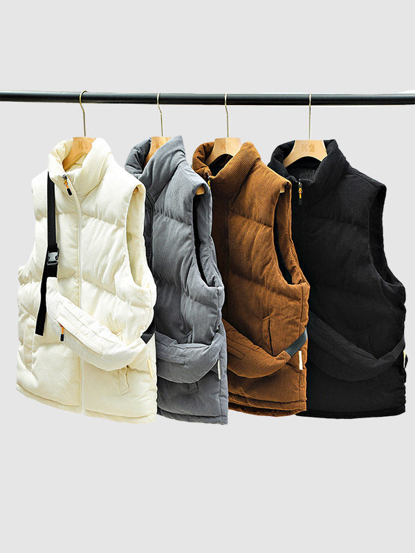 Men's winter corduroy solid color stand collar zipper fly down puffer vest with bag