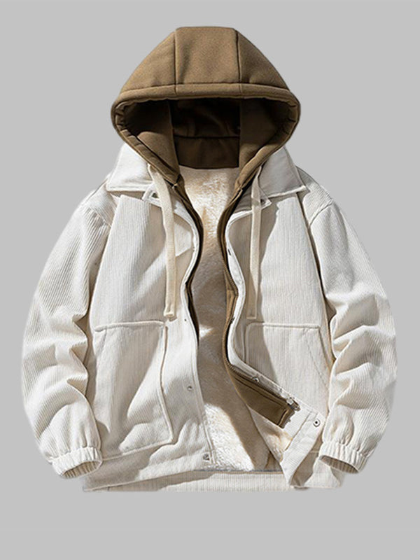 Men's Corduroy Fleece-lined Fake Two-Pocket Hooded Jacket