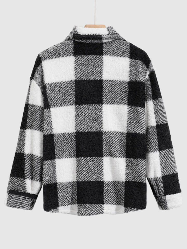 Men's Classic Plaid  Fluffy Faux Fur Single Pocket Button Lapel Jacket