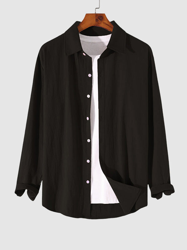 MEN'S COTTON AND LINEN TEXTURED LONG SLEEVES SHIRT BLACK