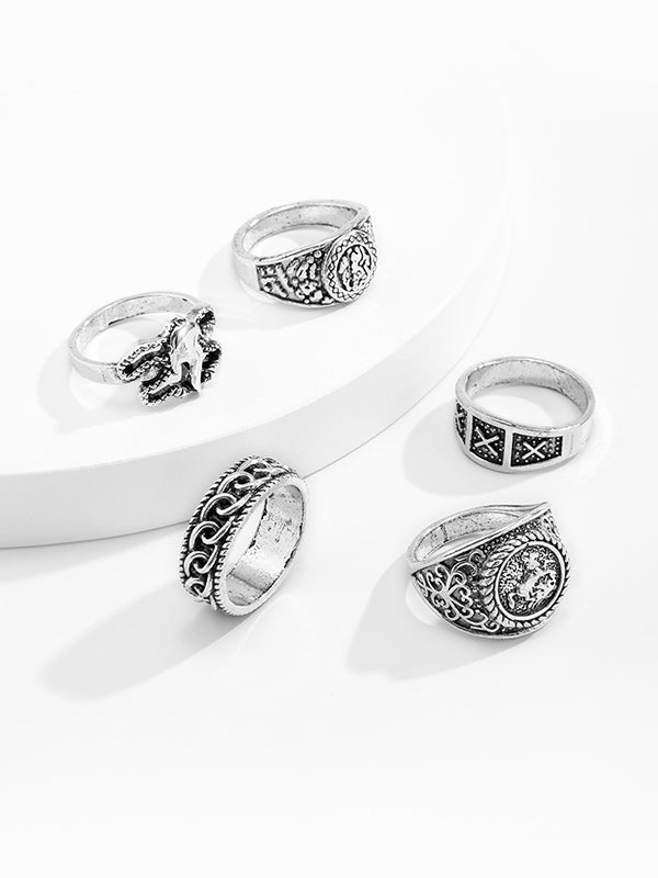 Vintage Embossed Decorative Metal Rings 5Pcs /set