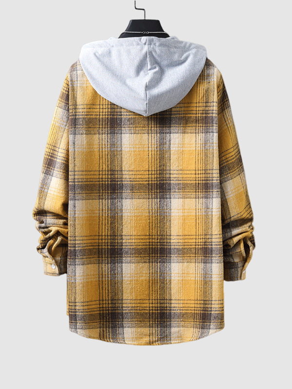 Men's Plaid Brushed Cardigan Drawstring Hooded Jacket