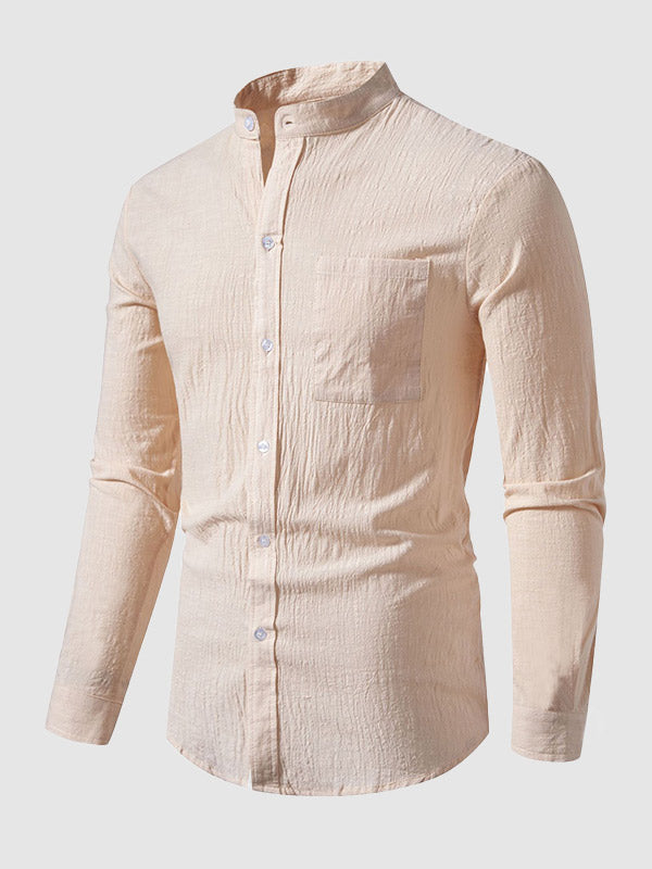 Men's cotton-linen stand collar casual long-sleeved shirt