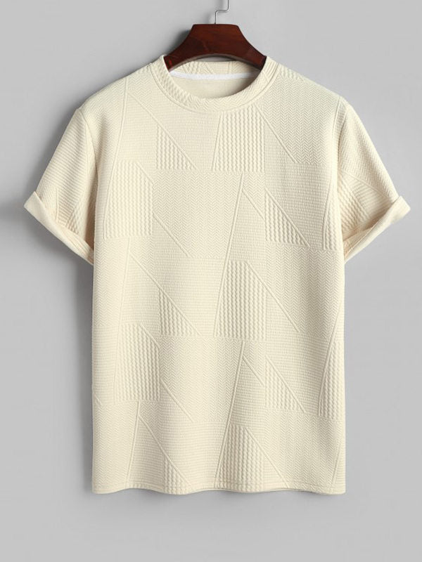 Geometric jacquard round neck T-shirt Beige