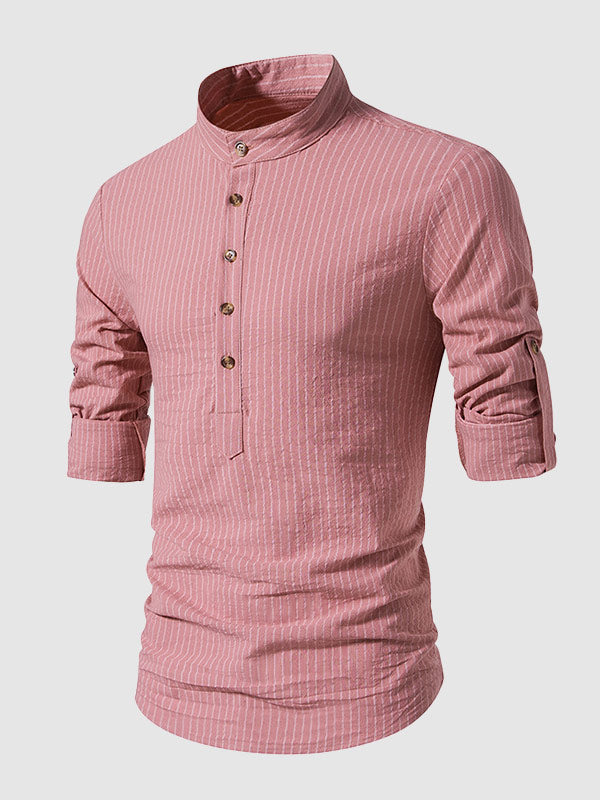 Men's cotton-linen stand collar half button striped casual long sleeve shirt