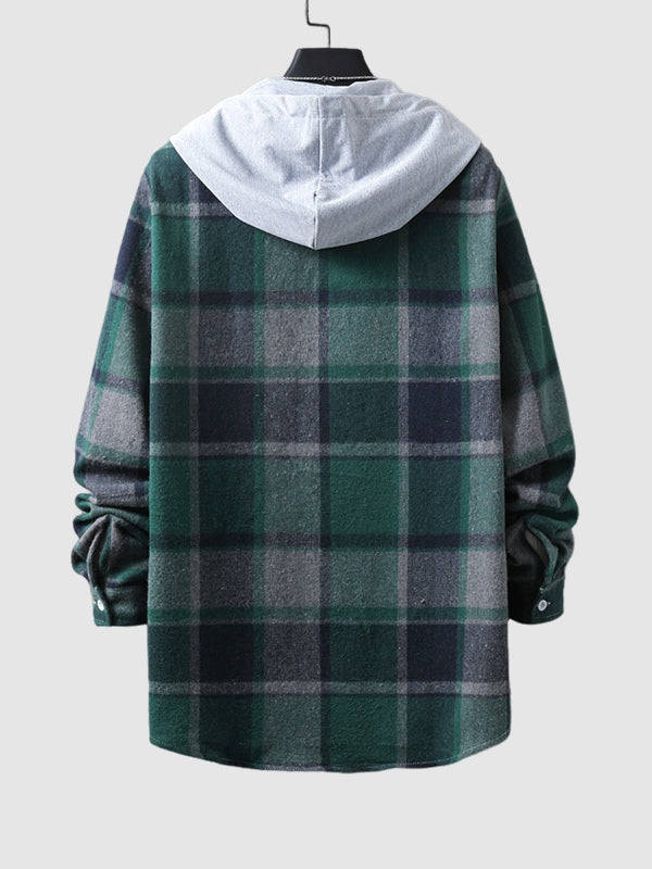 Men's Plaid Brushed Cardigan Drawstring Hooded Jacket