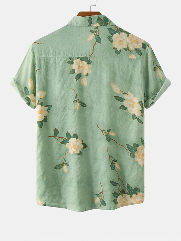 Men's Cotton Linen Printed Short Sleeve Shirt green