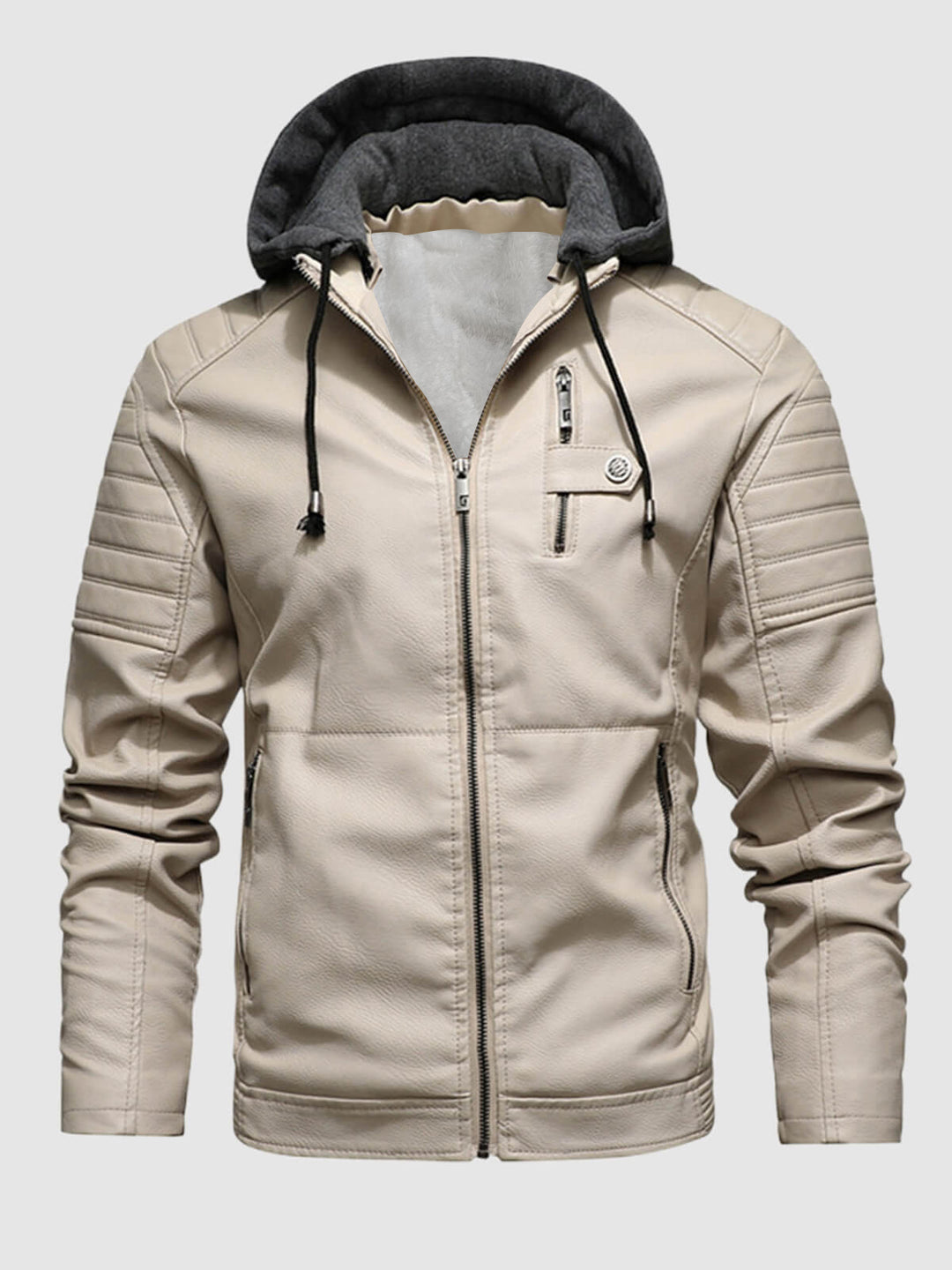 Men's Stand Collar Zipper Plush Hooded Leather Jacket