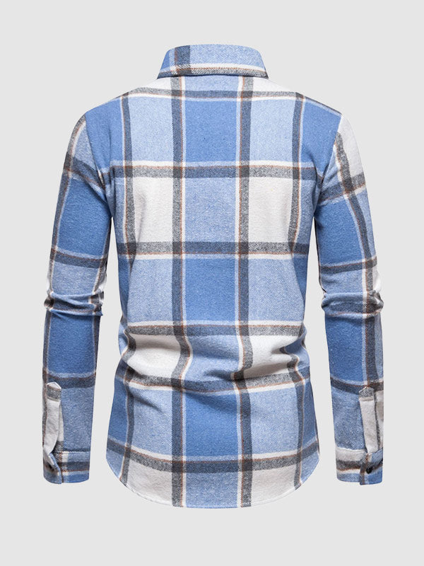 Men's Casual Check brushed  Long Sleeve Lapel Shirt