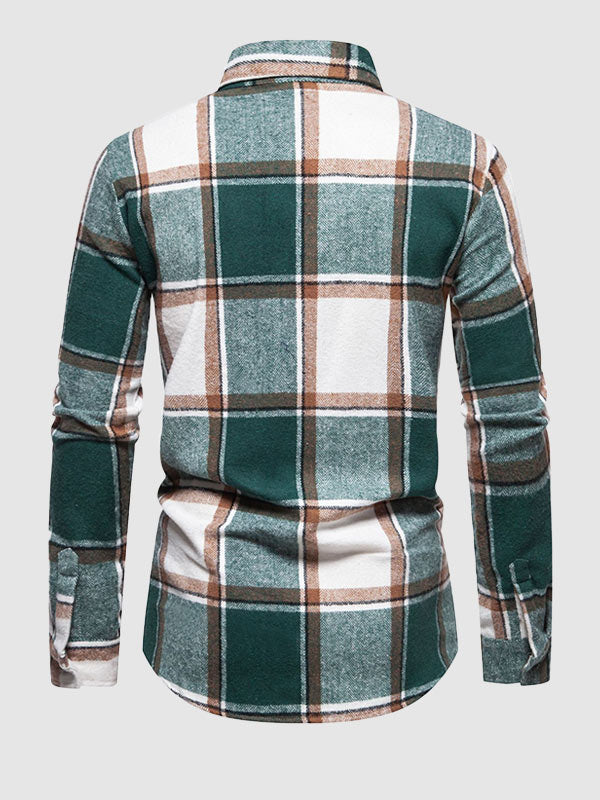 Men's Casual Check brushed  Long Sleeve Lapel Shirt