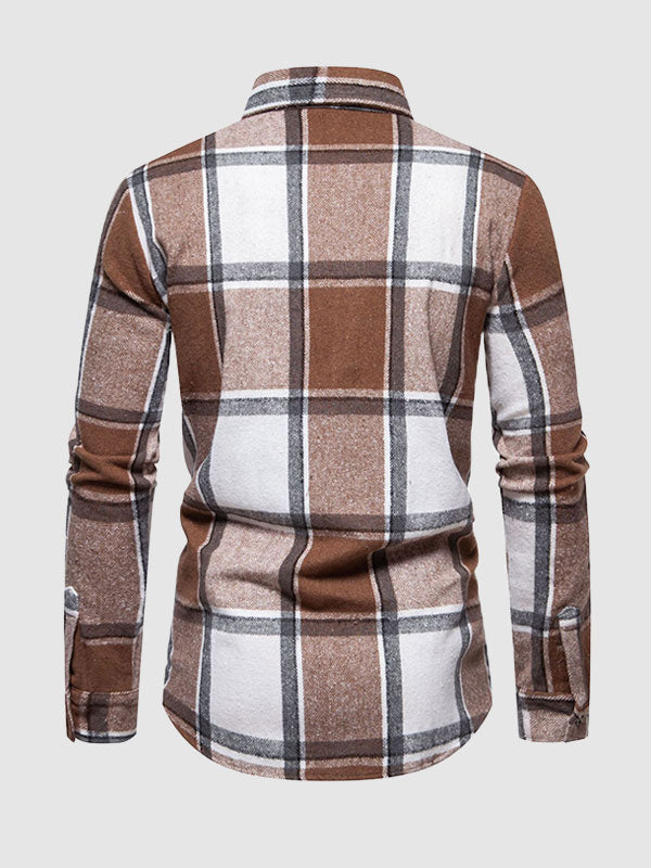 Men's Casual Check brushed  Long Sleeve Lapel Shirt