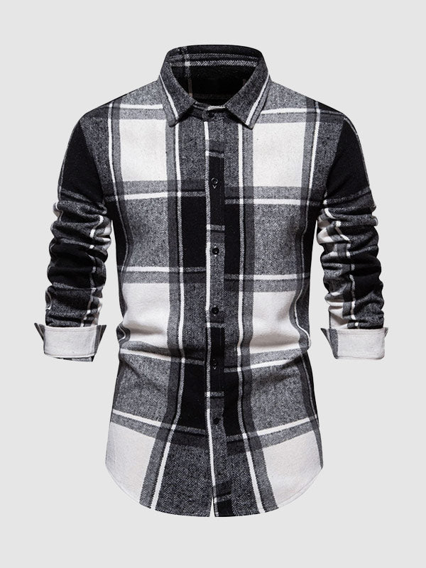 Men's Casual Check brushed  Long Sleeve Lapel Shirt