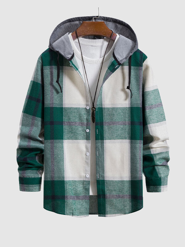 Men's Thin Plaid Button-Up Hooded Shirt