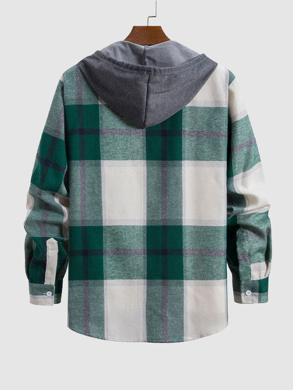 Men's Thin Plaid Button-Up Hooded Shirt