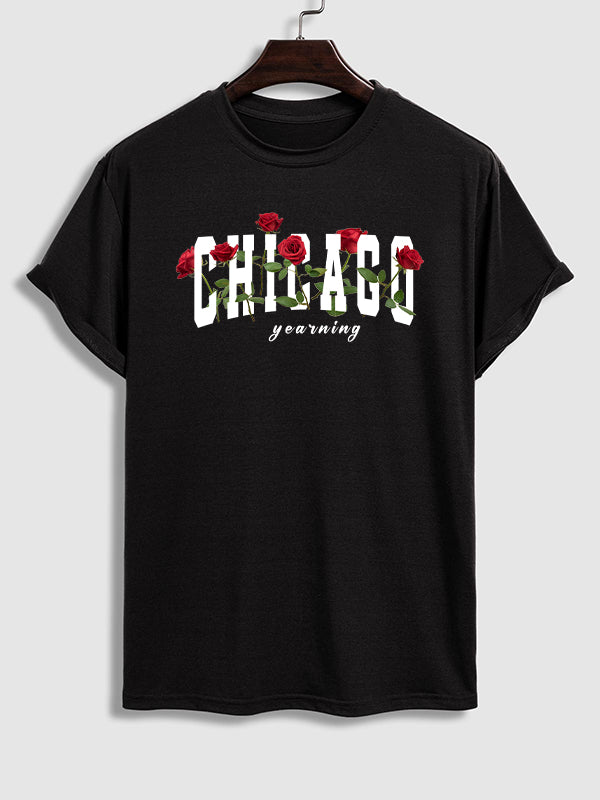 Men's CHICAGO rose print casual round neck short-sleeved T-shirt