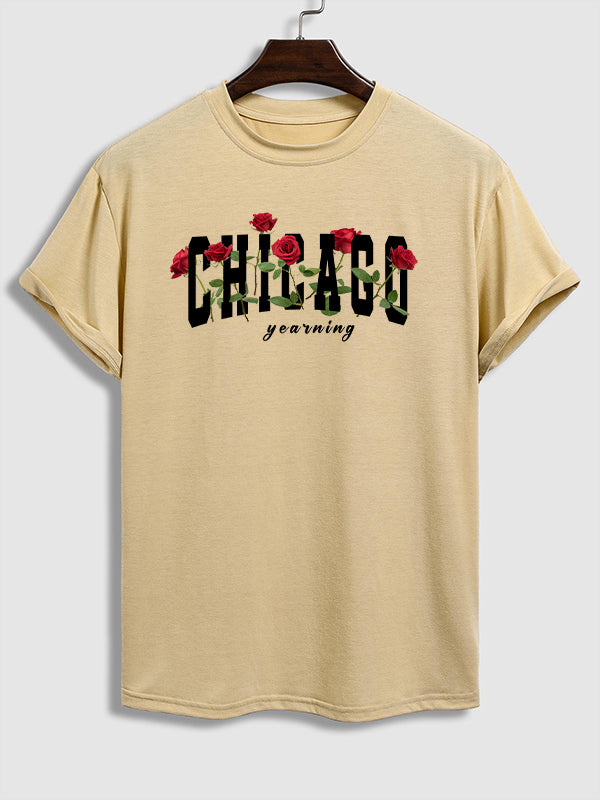 Men's CHICAGO rose print casual round neck short-sleeved T-shirt