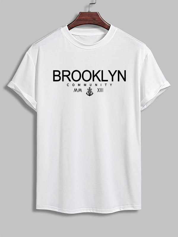 Men's "BROOKLYN" letter print casual crew neck T-shirt