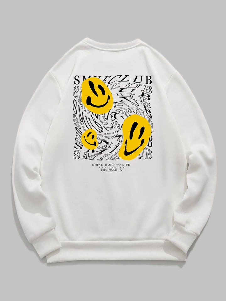 Men's Letter Smiley Face Print Casual Round Neck Pullover Sweatshirt white