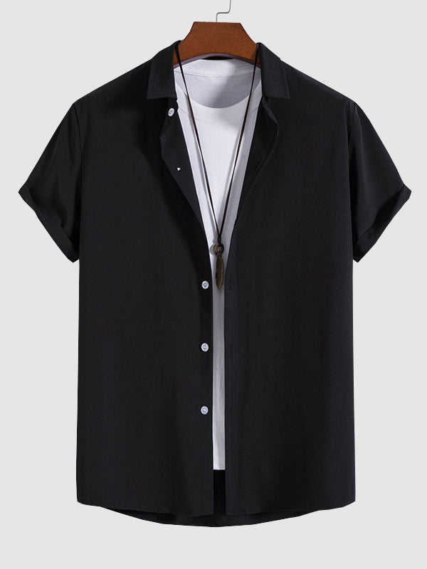 Men's solid color lapel button down casual short sleeve shirt