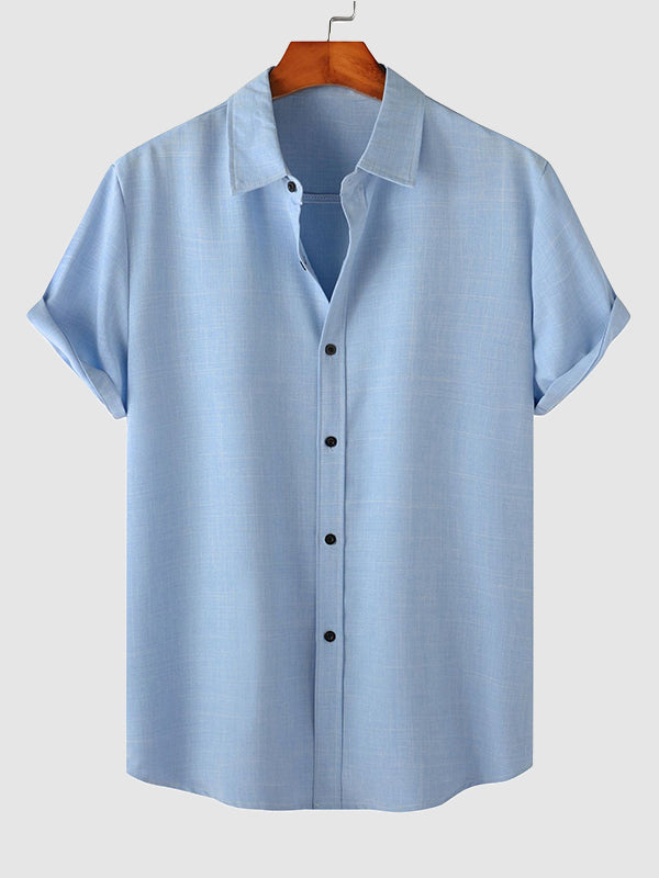 Men's solid color Cotton-linen button casual short-sleeved shirt