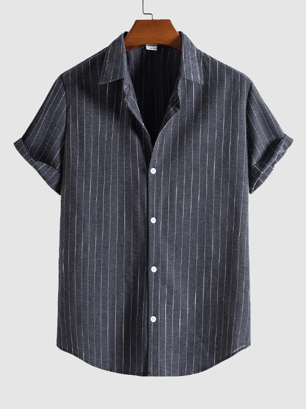 Men's Classic Striped Pocketless Button Casual Short Sleeve Shirt