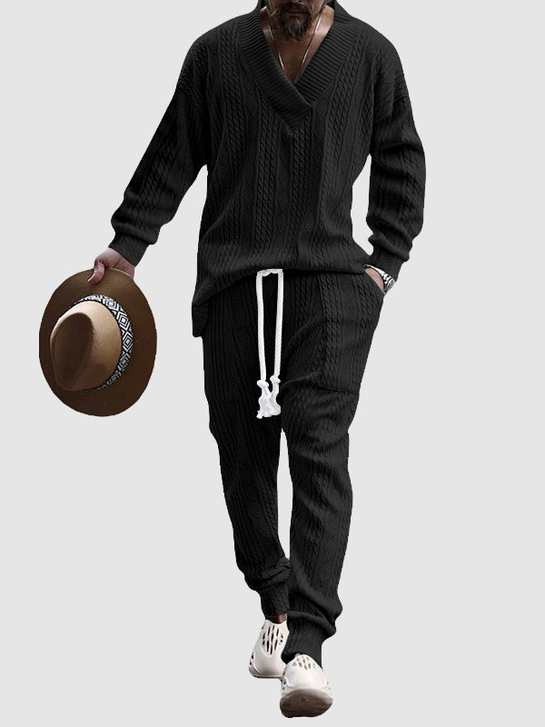 Men's textured twist knitted V-neck casual set