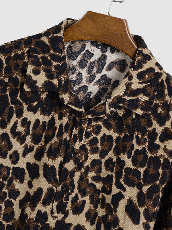 Men's Leopard  Corduroy Lapel Casual Long Sleeve Shirt