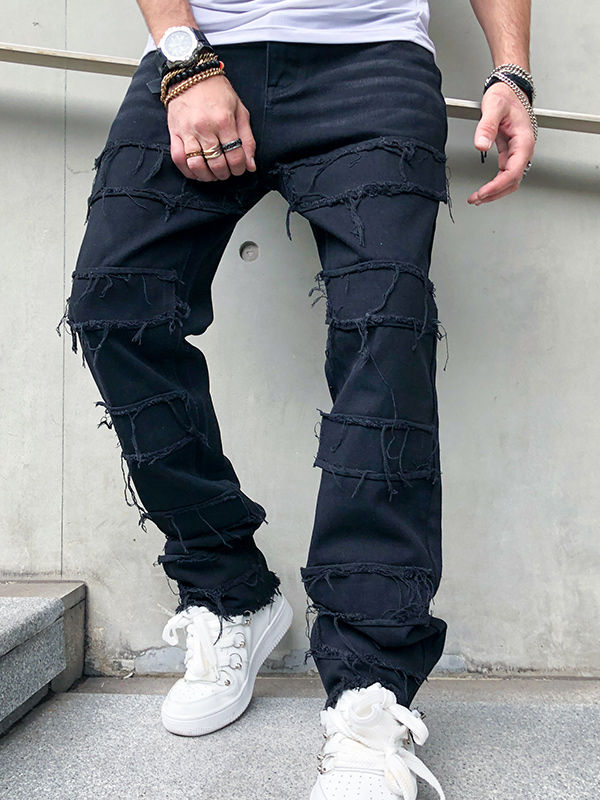 Men's Patched Straight Leg Denim Jeans