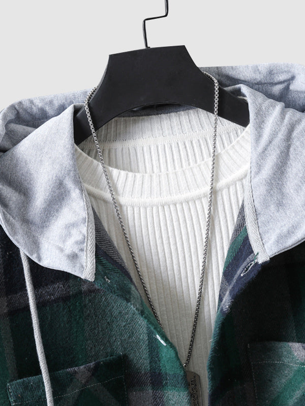 Men's Plaid Brushed Cardigan Drawstring Hooded Jacket