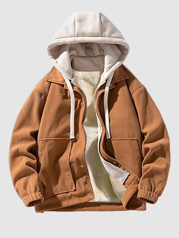 Men's Corduroy Fleece-lined Fake Two-Pocket Hooded Jacket