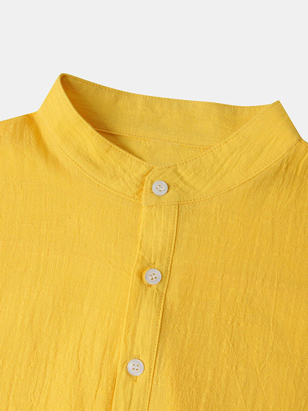 Men's Cotton Linen Textured Half Placket Short Sleeve Shirt yellow