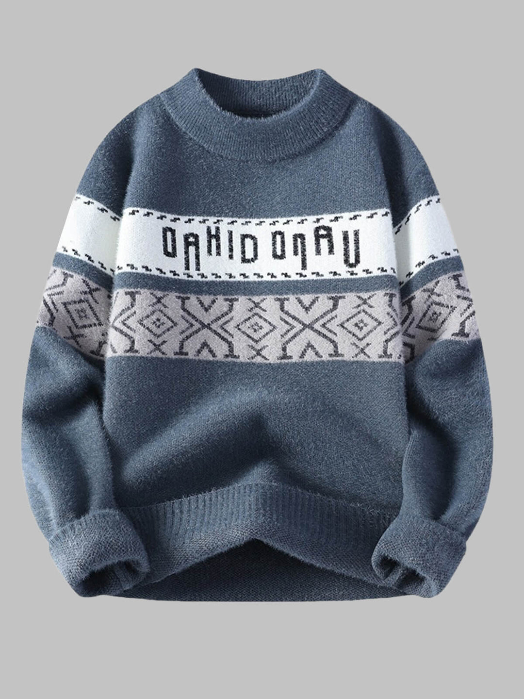 Men's Color-Block Letter Jacquard Loose Crew Neck Sweater