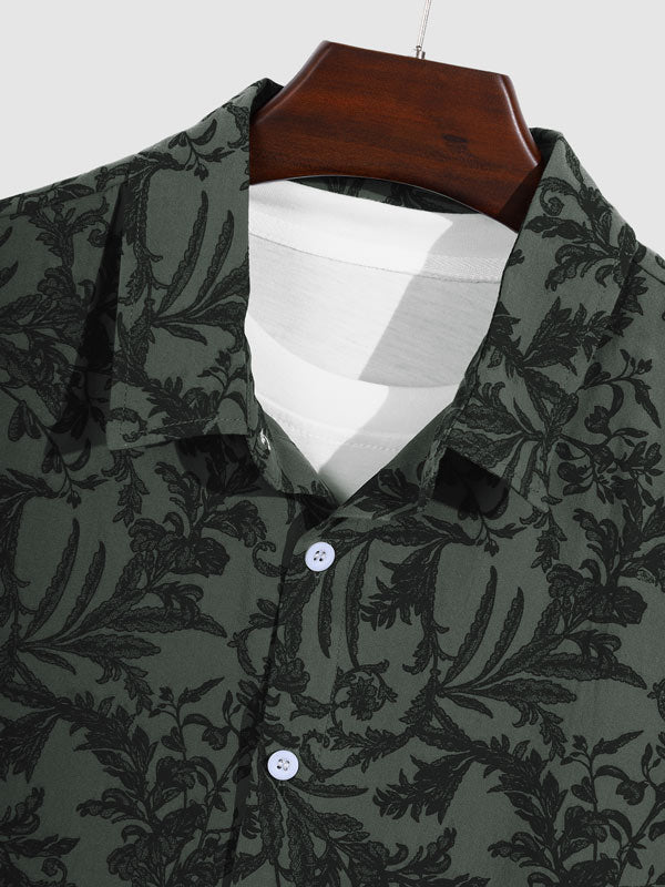 Men's Cuban Collar Floral Casual Buttoned Long Sleeve Shirt