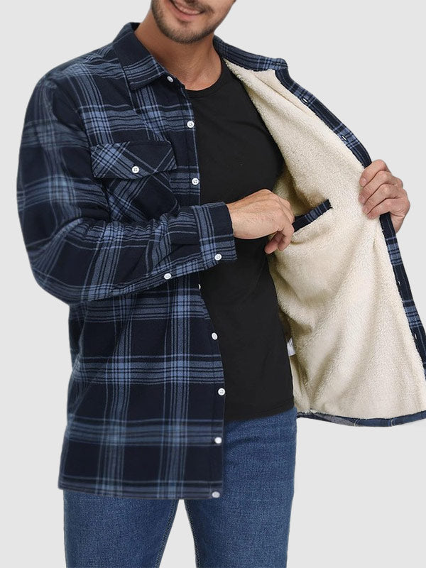 Men's Plaid Fleece-lined  Warm Double Pocket Button Jacket