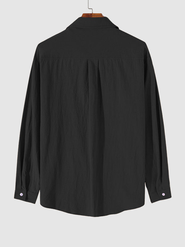 MEN'S COTTON AND LINEN TEXTURED LONG SLEEVES SHIRT BLACK