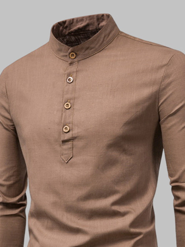 Men's Solid Color Cotton Linen Stand Collar Shirt