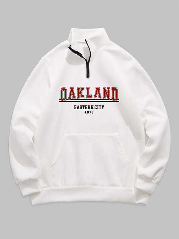 Men's "OSAKLAND" letter print quarter-zip stand collar sweatshirt