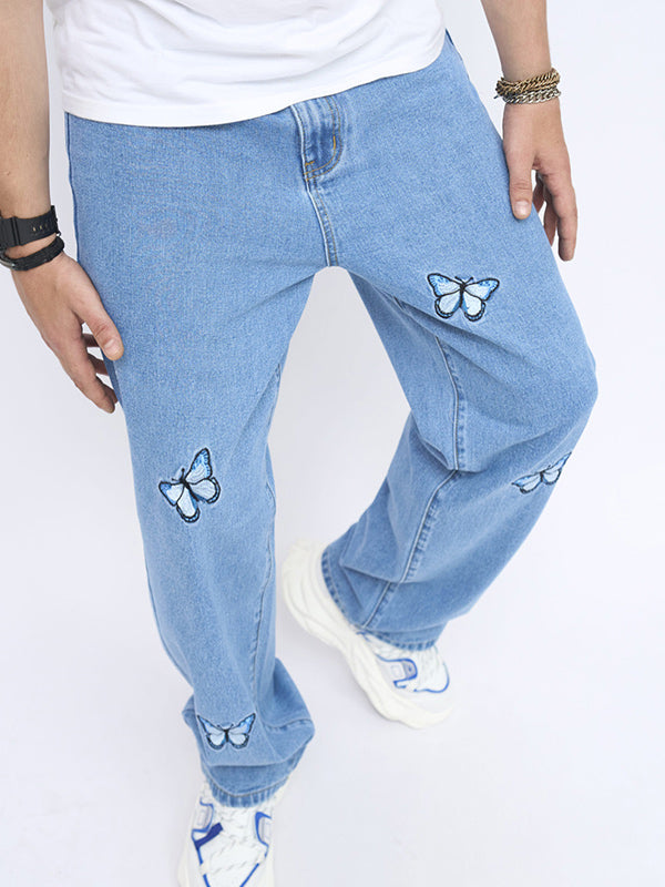 Butterfly embroidered straight-leg jeans