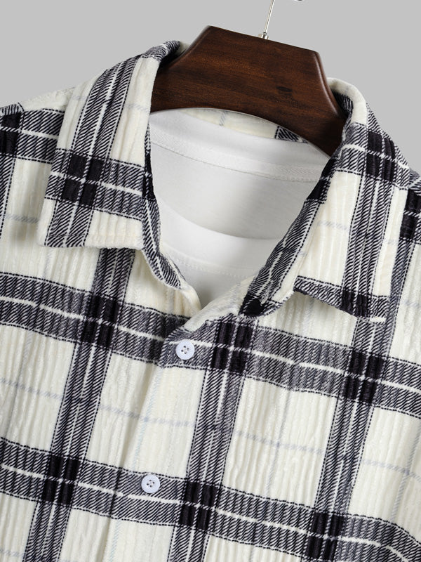 Men's Pleated Plush Plaid Long Sleeve Shirt