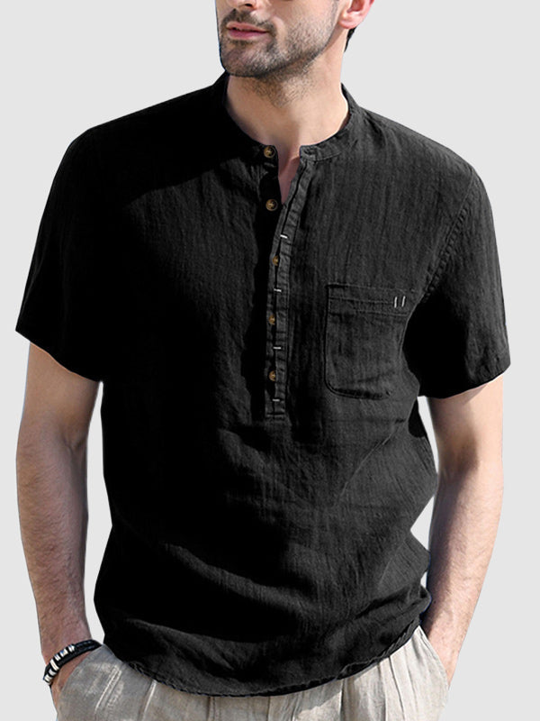 Men's cotton-linen Henley collar solid color short-sleeved shirt