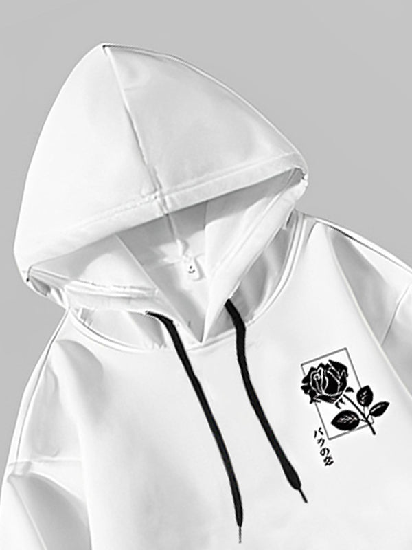 Men's Classic Rose Print Casual Hoodie white