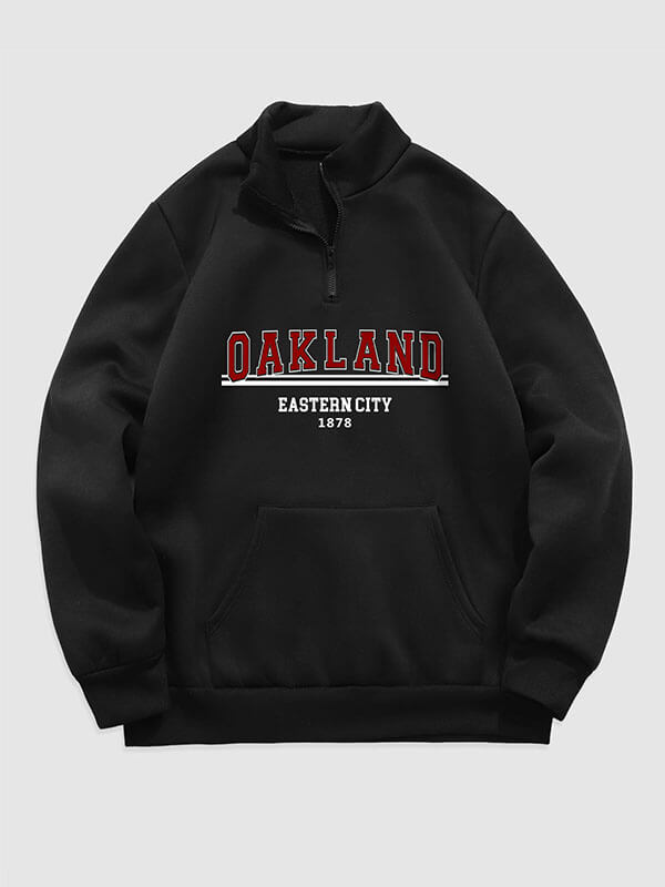 Men's "OSAKLAND" letter print quarter-zip stand collar sweatshirt