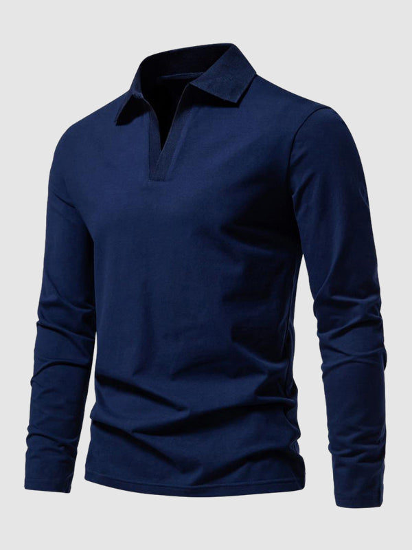 Men's Retro Solid Color V-Neck Lapel POLO Long Sleeve T-Shirt